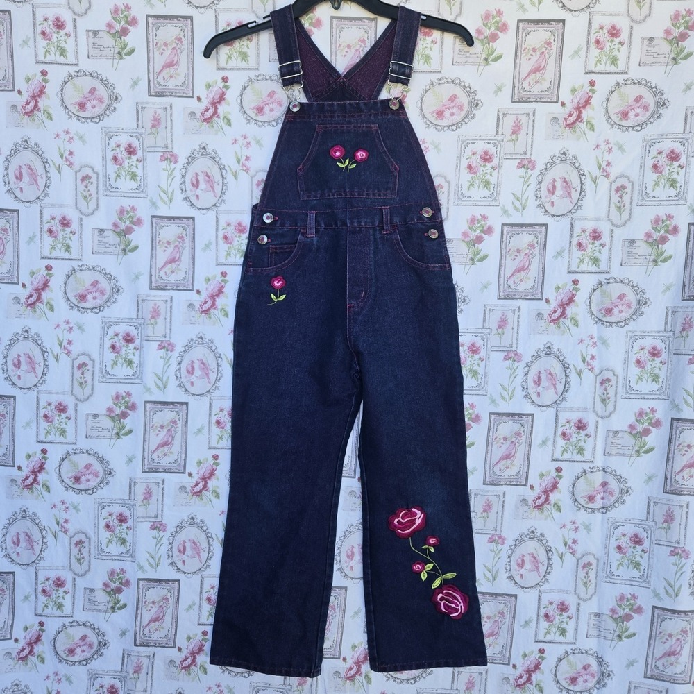VTG Faded Glory Girls Denim Overalls Embroidered Roses Pink‎ Glitter Bibs Sz 7